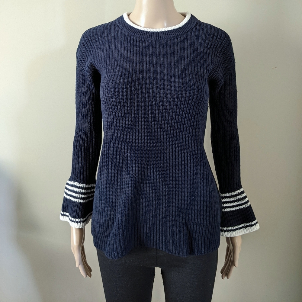 Tommy Hilfiger ruffled cuff rib knit navy sweater, women's xs